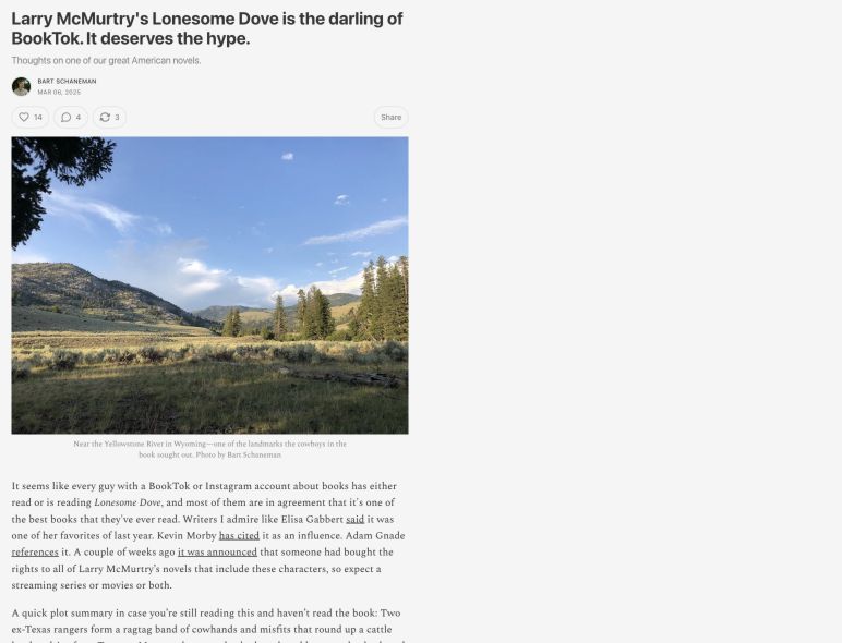 Screenshot of Bart Schaneman’s March 6, 2025 essay calling Lonesome Dove the darling of BookTok.