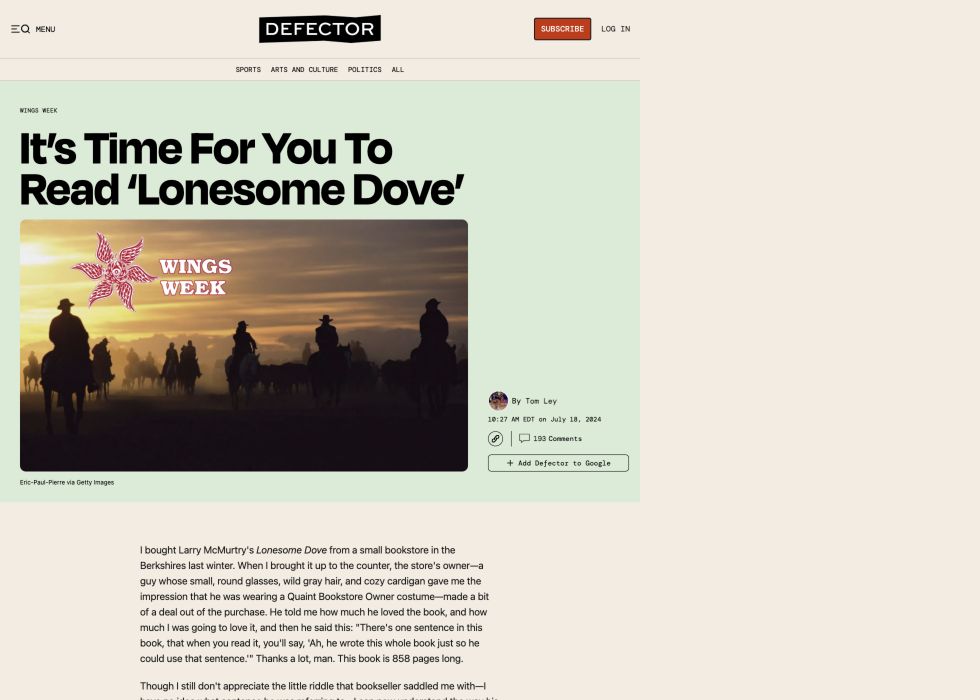 Screenshot of Defector’s headline: It’s Time For You To Read Lonesome Dove.