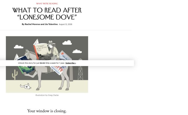 Screenshot of The New Yorker’s What to Read After Lonesome Dove, dated August 12, 2026.